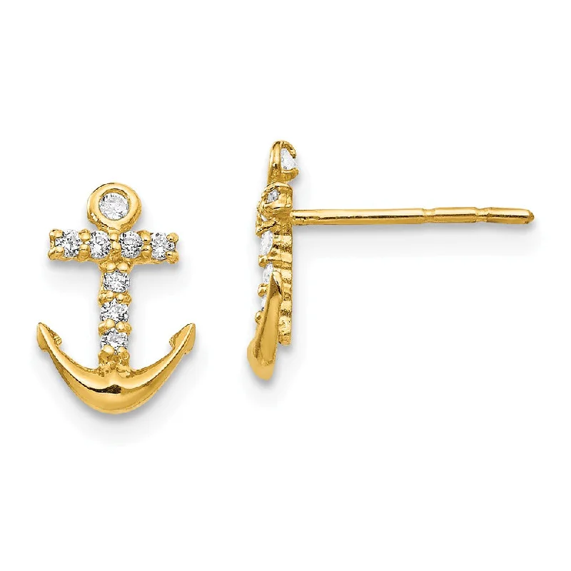 Women's earrings peachy-hue-Children's 14k Yellow Gold & CZ 9mm Anchor Cross Post Earrings