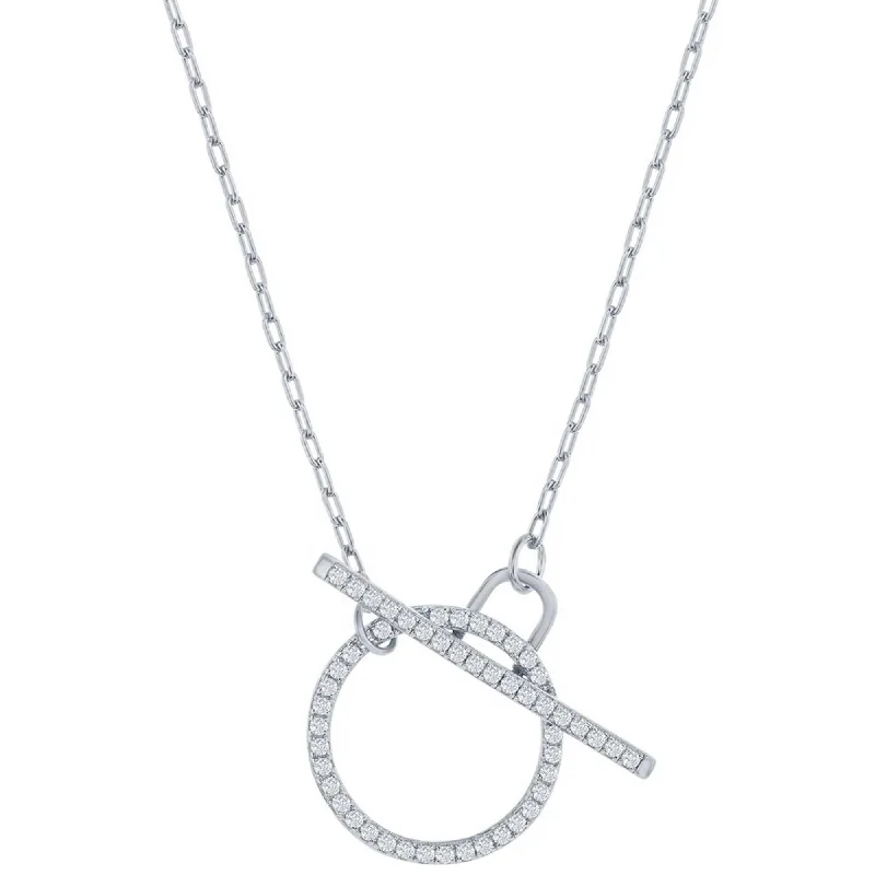 Women's necklaces arched-link-Classic Women's Necklace - Sterling Silver Paperclip White CZ Circle Toggle | M-6978