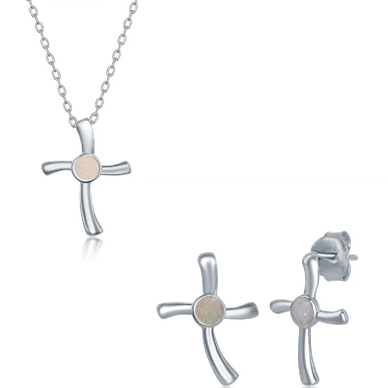 Women's necklaces starry-chic-Opalata Women's Necklace and Earrings Set - Sterling Silver White Opal Cross | SET-584