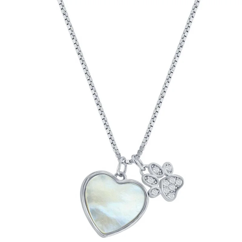 Women's necklaces crafted-gleam-Classic Women's Necklace - Sterling Silver White MOP Heart and CZ Paw Print | M-7093