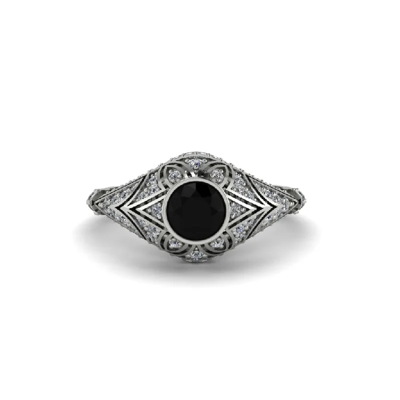 Women's engagement rings starry-diamond-Black Diamond Bezel Vintage Filigree Engagement Ring - Kendall No. 9