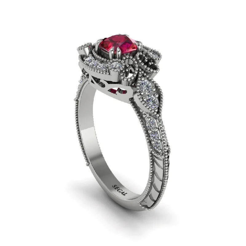 Women's engagement rings lab-grown-Ruby Vintage Filigree Cushion Cut Engagement Ring - Elaina No. 12