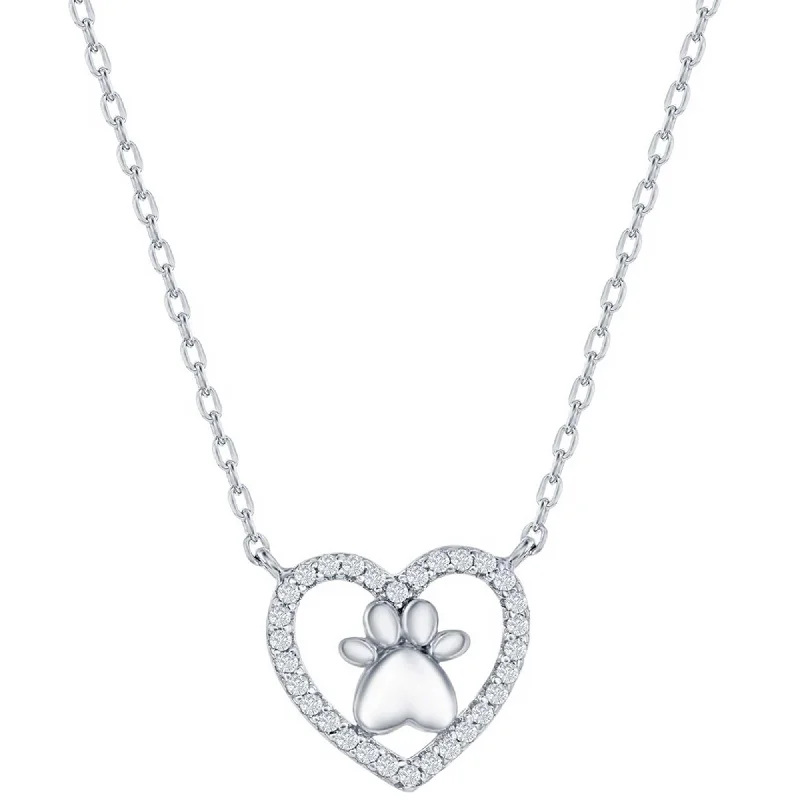 Women's necklaces night-luxe-Classic Women's Necklace - Sterling Silver Heart Paw Print Design White CZ | M-7053