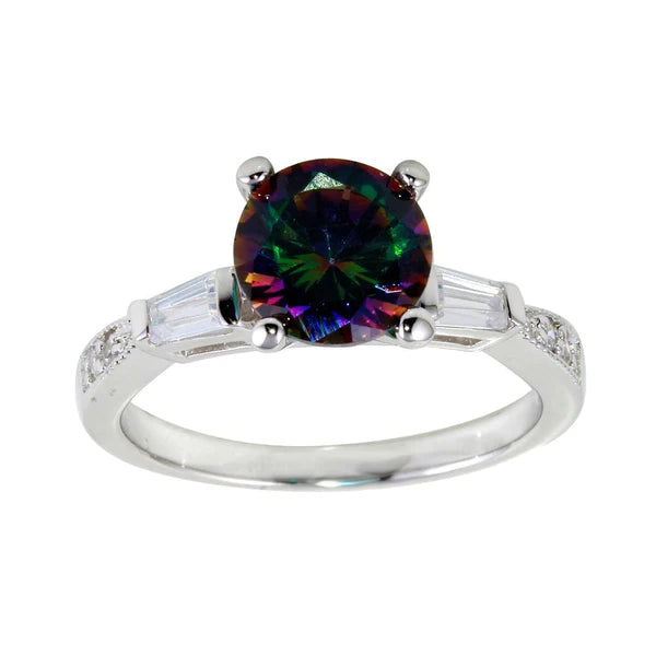 Women's rings festive-flair-Silver 925 Rhodium Plated Oval Solitaire Synthetic Mystic Topaz Baguette Shank CZ Ring