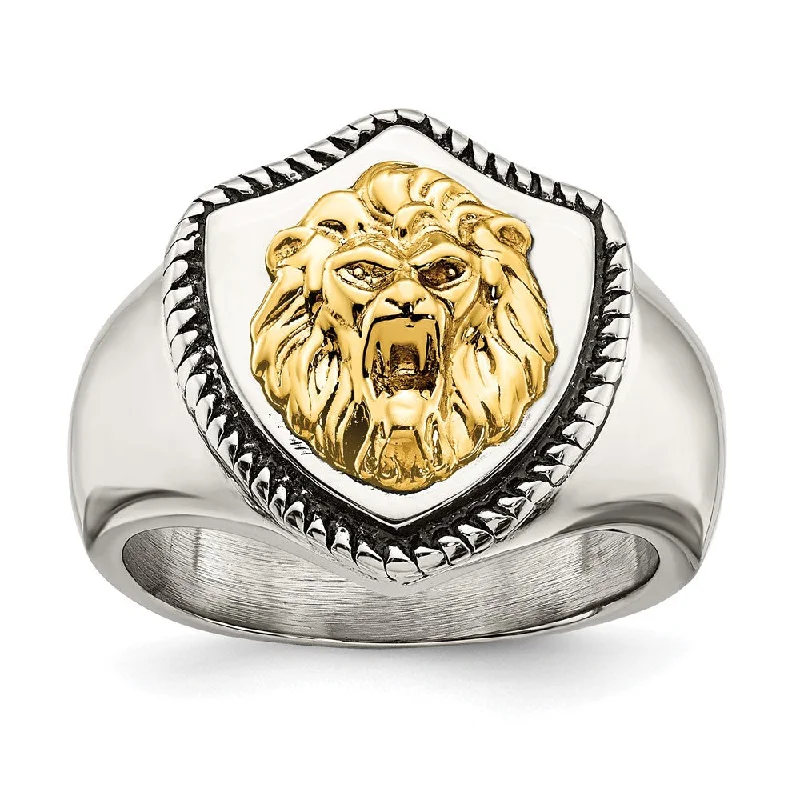 Women's rings glowing-zircon-Men's 18mm Stainless Steel & 14K Gold Accent Lion Shield Ring