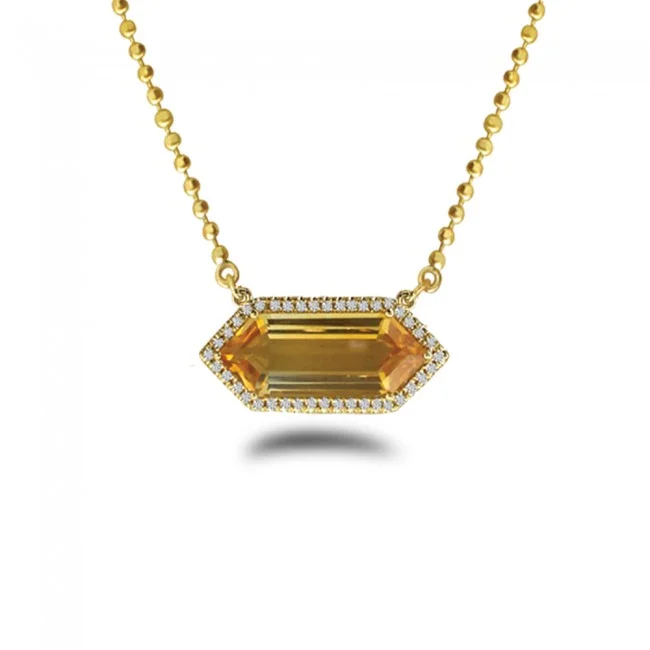 Women's necklaces futuristic-drop-14K Yellow Gold Hexagon Citrine and Diamond Semi Precious 18 inch Bead Chain Necklace P4204-18