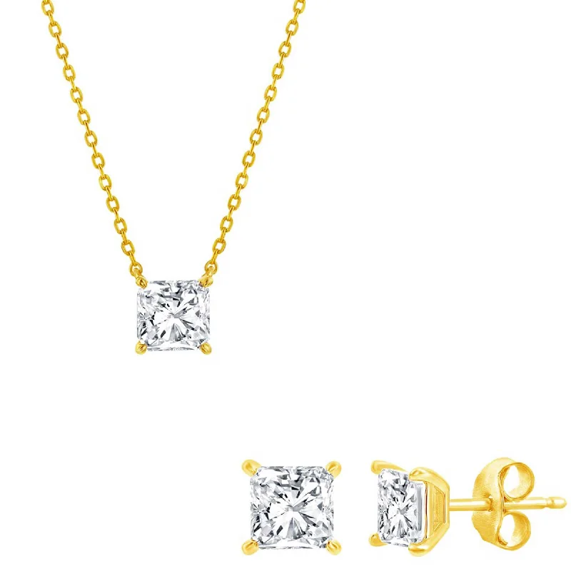 Women's necklaces ornate-glow-Classic Women's Necklace and Earrings Set - Gold Plated Princess Cut CZ | SET-611