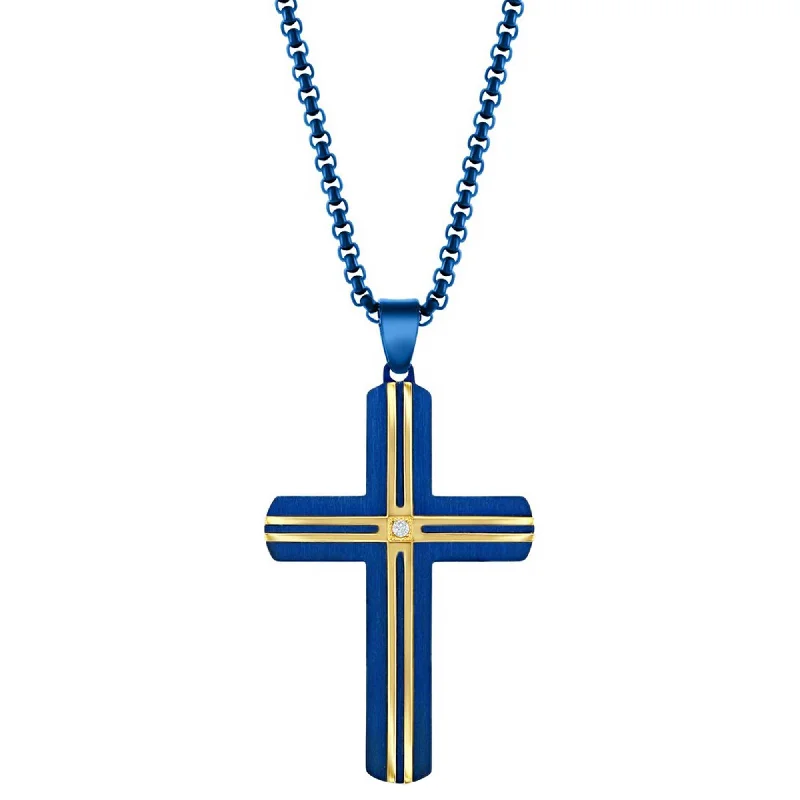 Women's necklaces luxe-titanium-Metallo Men's Necklace - Steel Blue and YG Plated Lined White CZ Cross | SL-7131