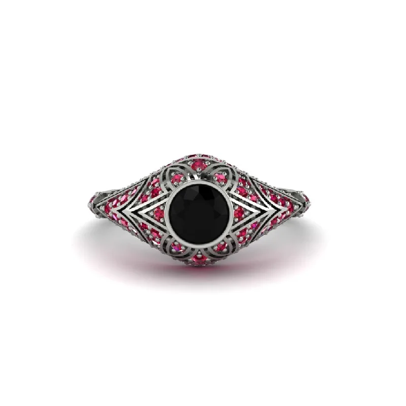 Women's engagement rings radiant-ruby-Black Diamond Bezel Vintage Filigree Engagement Ring - Kendall No. 54