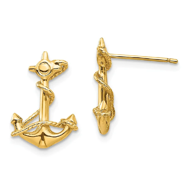 Women's earrings wispy-drop-15mm 3D Anchor with Rope Post Earrings in 14k Yellow Gold