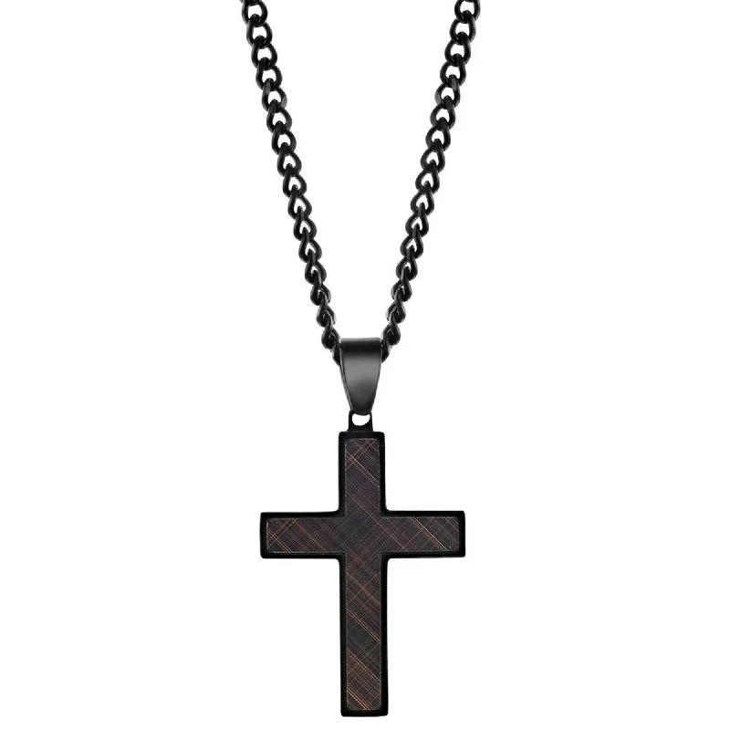 Women's necklaces eternal-gem-Metallo Men's Necklace - Stainless Steel Black and Lined Rose Gold Cross | SL-7118