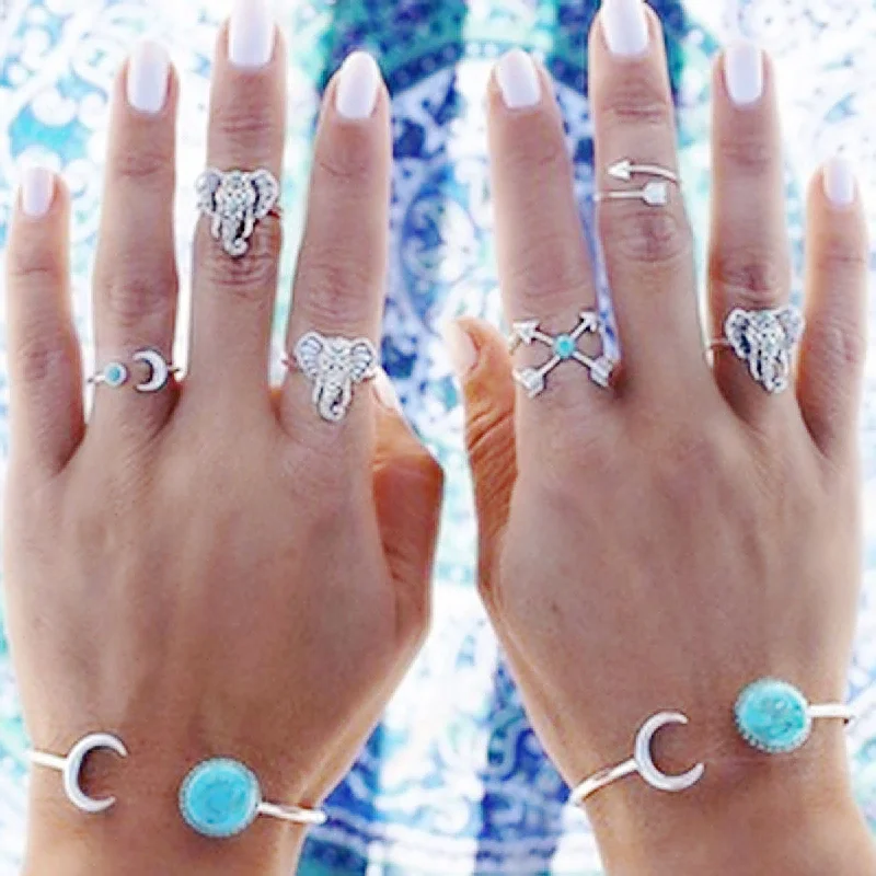 Women's rings floral-steel-SEXY SPARKLES 6 pcs Nonadjustable Band Knuckle Midi Rings Blue Imitation Turquoise