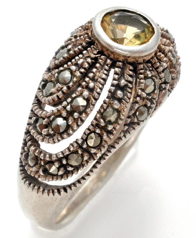 Women's rings sturdy-steel-Sterling Silver Citrine & Marcasite Ring Size 8.5