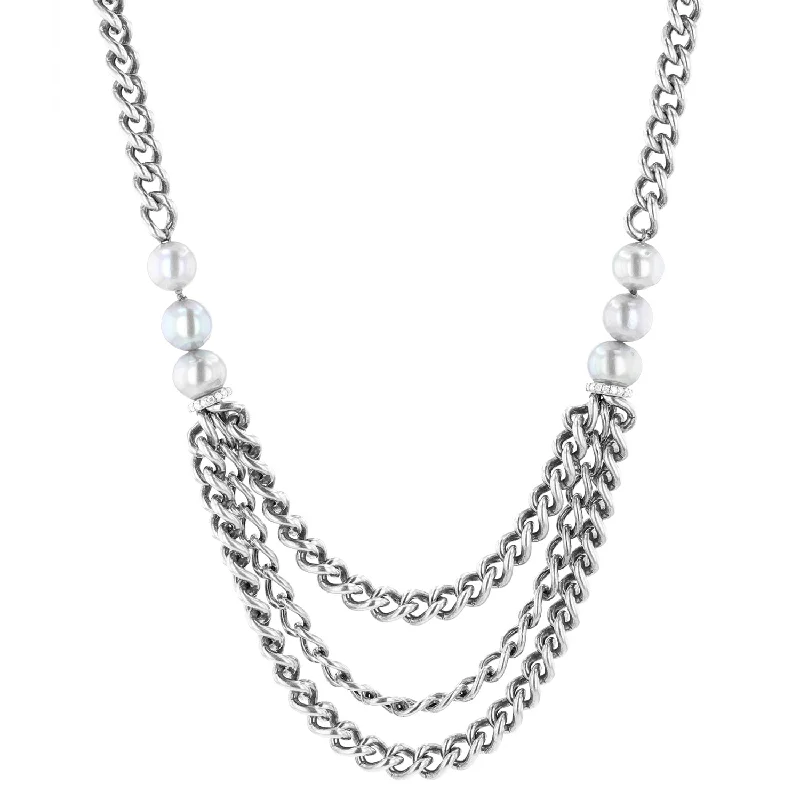 Women's necklaces sleek-citrine-Triple Layer Curb Chain Necklace with Silver Pearls & Diamonds - 18 - 20"  N0003304