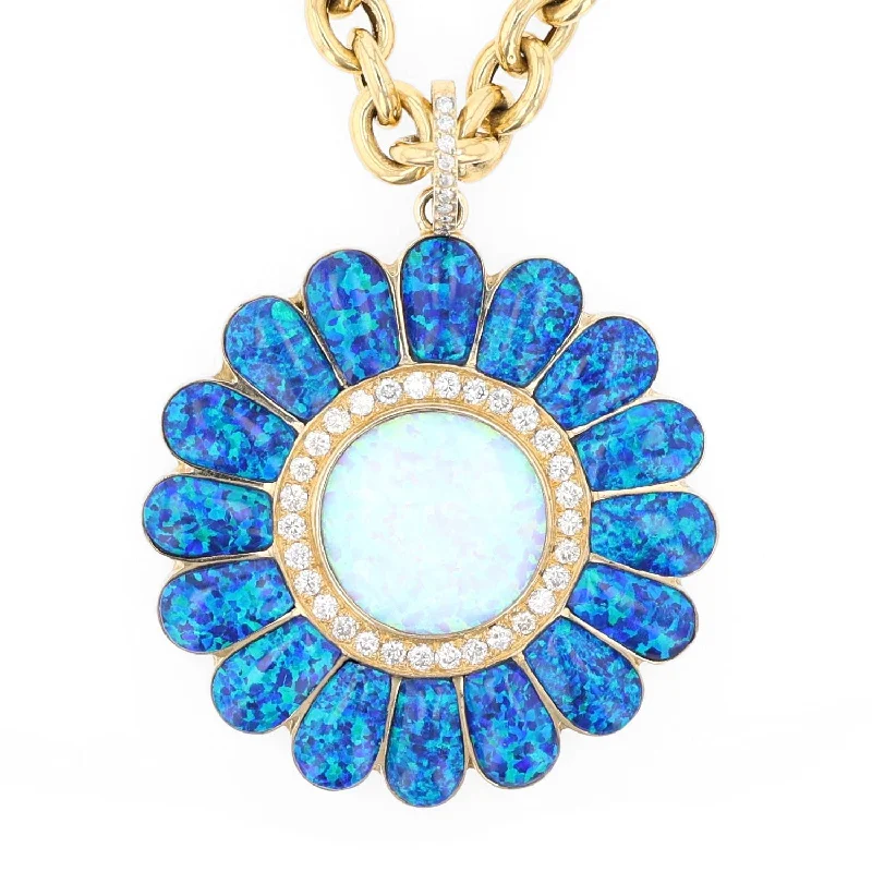 Women's necklaces glowing-charm-14k Yellow Gold Opal Diamond Pendant Necklace NG002759