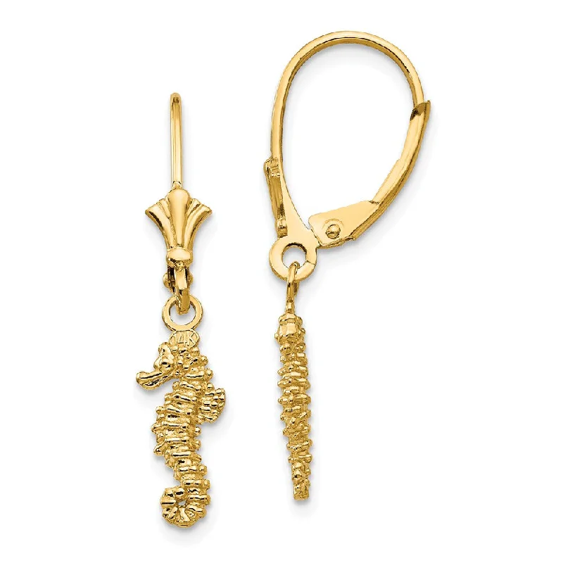 Women's earrings artisan-etched-3D Mini Textured Seahorse Lever Back Earrings in 14k Yellow Gold