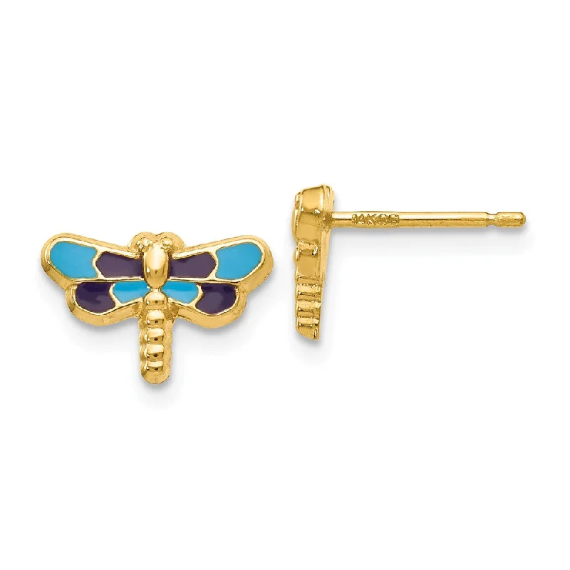 Women's earrings radiant-swirl-Kids 10mm Blue Dragonfly Post Earrings in 14k Yellow Gold and Enamel