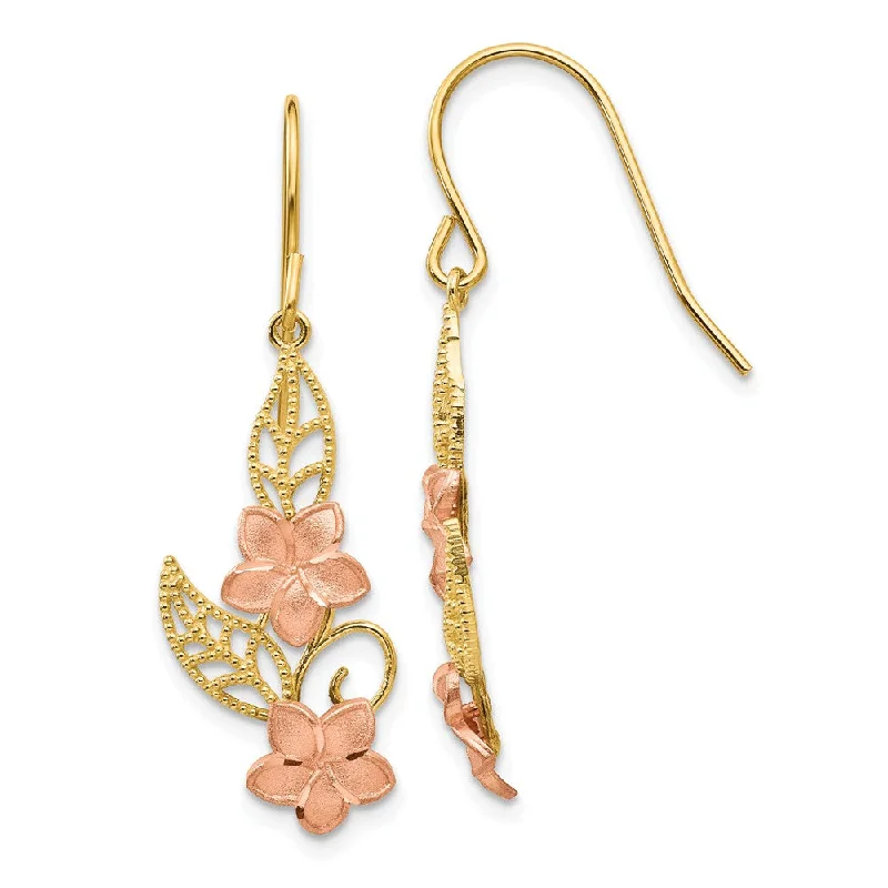 Women's earrings radiant-swirl-Two Tone Double Plumeria Dangle Earrings in 14k Yellow and Rose Gold