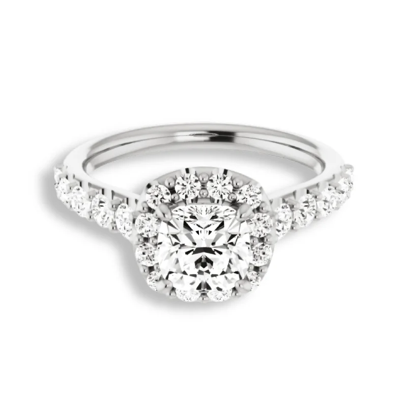 Women's engagement rings swooping-band-Cushion Cut Diamond Halo Engagement Ring