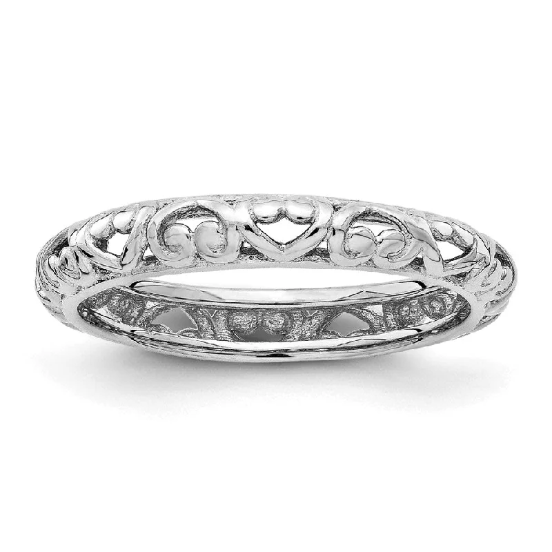 Women's rings radiant-etch-3.5mm Rhodium Plated Sterling Silver Stackable Domed Carved Heart Band