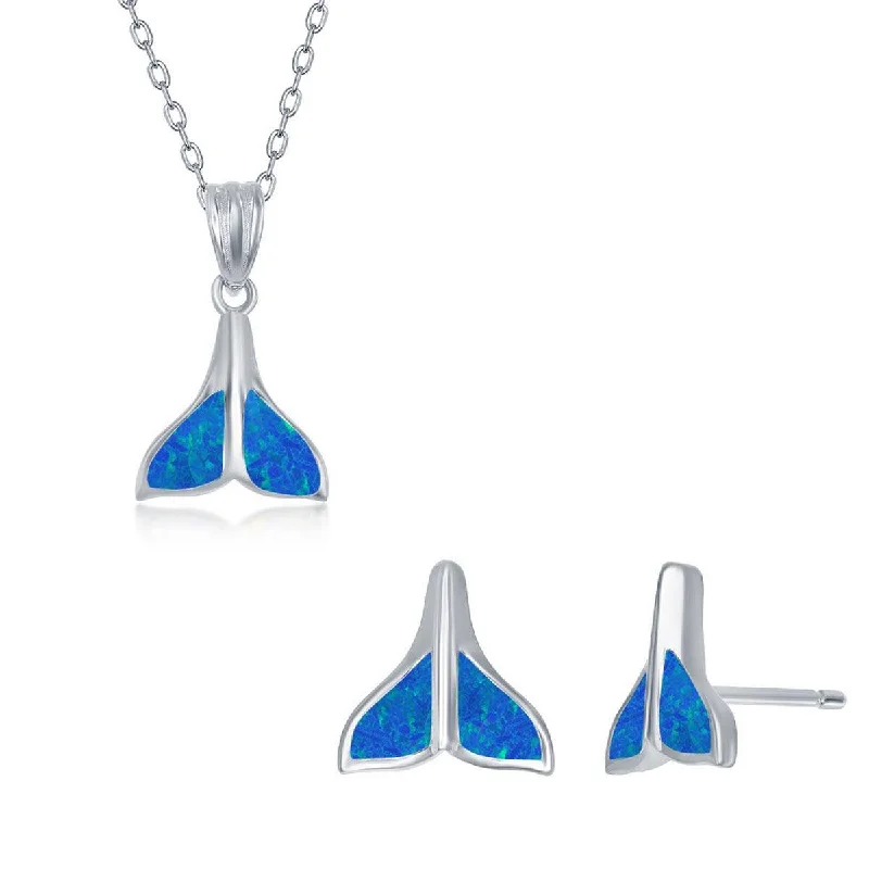 Women's necklaces fine-blush-Opalata Women's Necklace and Earrings Set - Sterling Blue Opal Whale Tail | SET-573