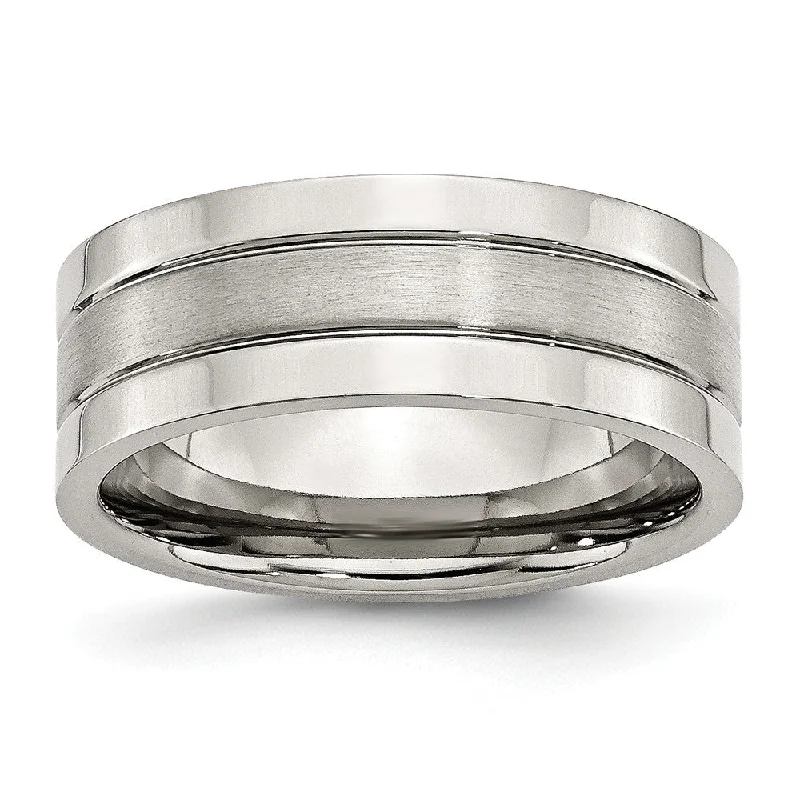 Women's rings artisan-etched-Stainless Steel, 8mm Flat Grooved Unisex Comfort Fit Band