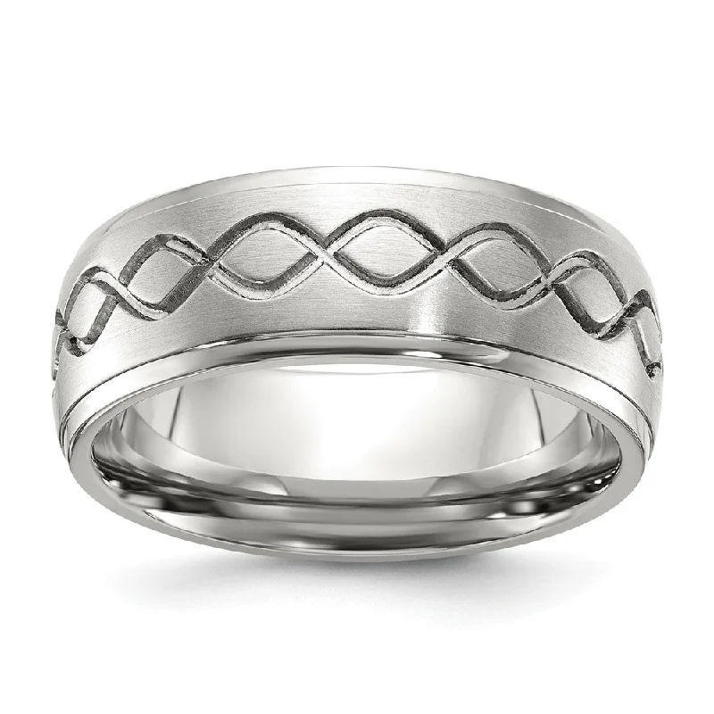 Women's rings luminous-zircon-Men's 8mm Stainless Steel Brushed Scroll Design Ridged Edge Band