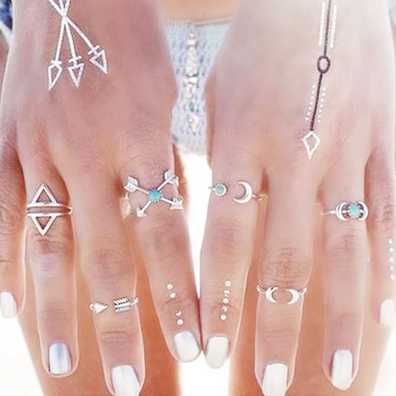 Women's rings subtle-twist-Sexy Sparkles 6PCS Fashion Vintage Turkish Arrow Moon Turquoise Joint Knuckle Nail Midi Ring Set