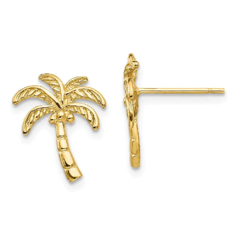 Women's earrings playful-swirl-Coconut Palm Tree Post Earrings in 14k Yellow Gold