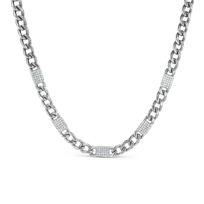 Women's necklaces arched-link-Flat Curb Chain Necklace with Diamond Tile Stations N0002821