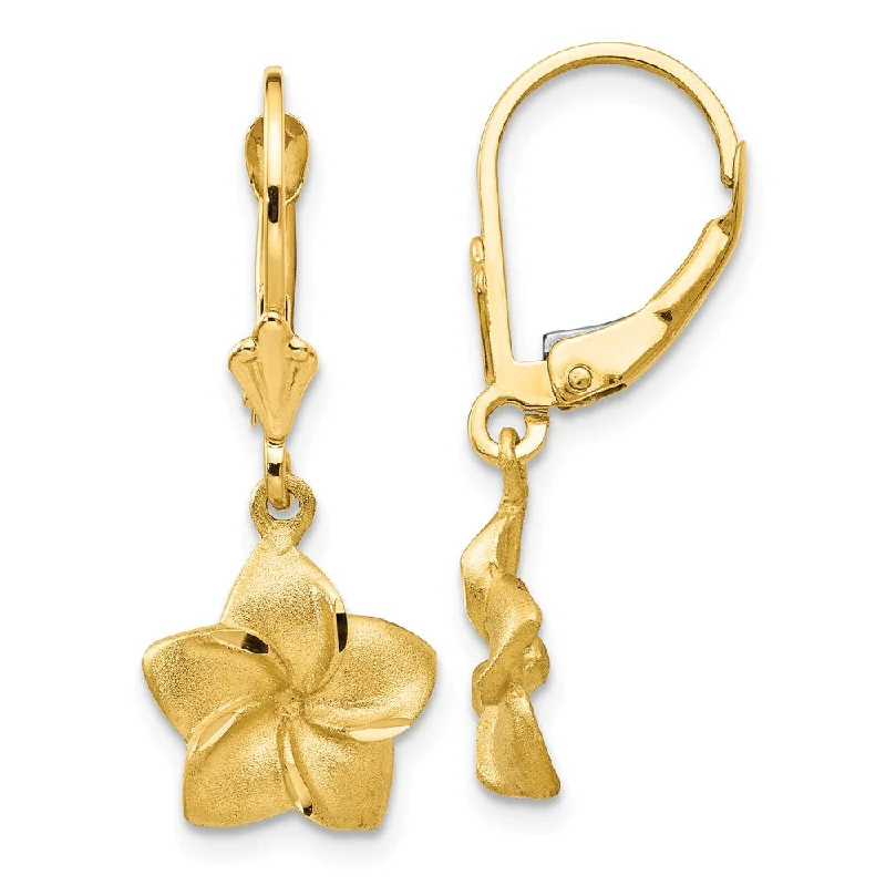 Women's earrings airy-drop-11mm Satin and Diamond Cut Plumeria Dangle Earrings in 14k Yellow Gold