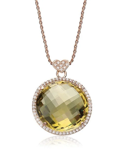 Women's necklaces playful-charm-Lemon Quartz Round Necklace with Diamonds 380-JSA