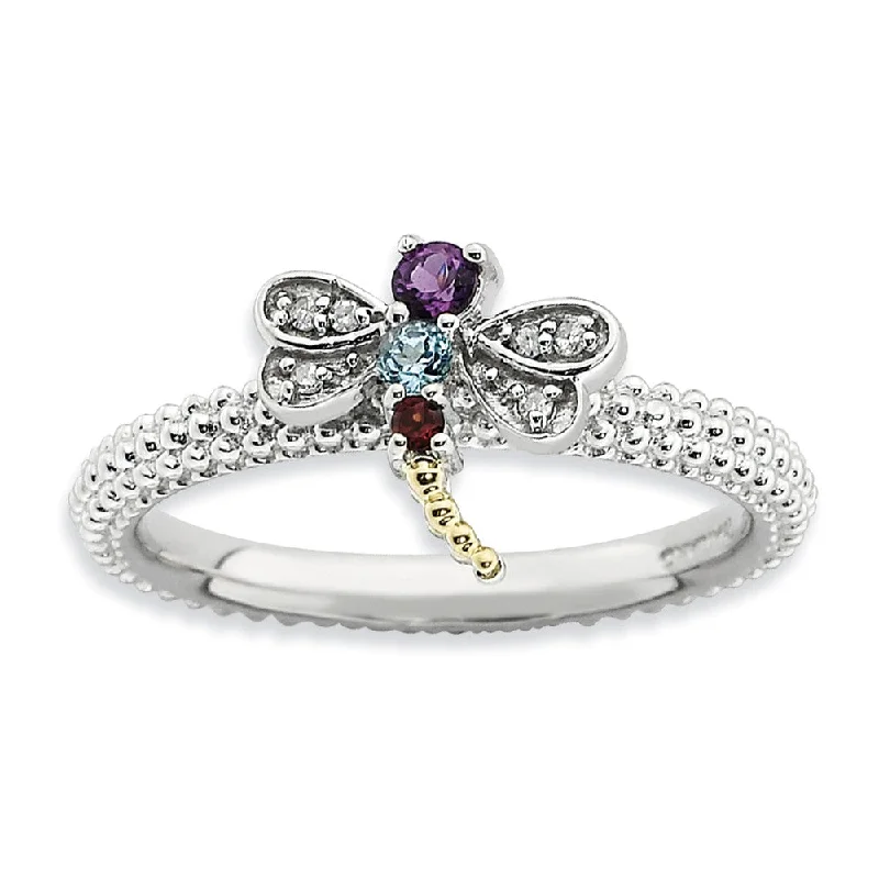 Women's rings luxe-peach-Sterling Silver, 14k Accent, Gemstone & Diamond Dragonfly Stack Ring