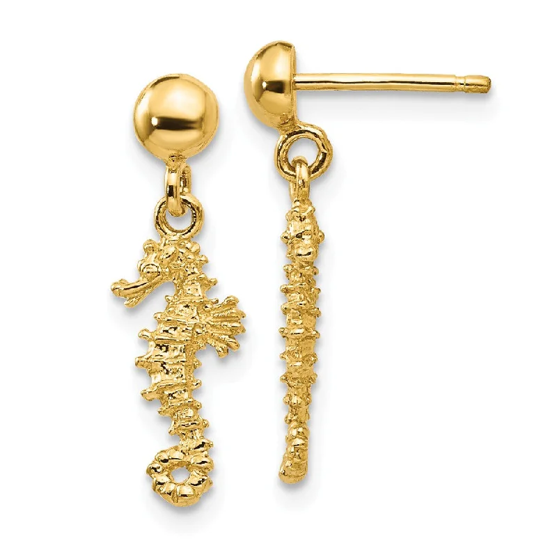 Women's earrings bold-zircon-Mini Textured Seahorse Dangle Post Earrings in 14k Yellow Gold