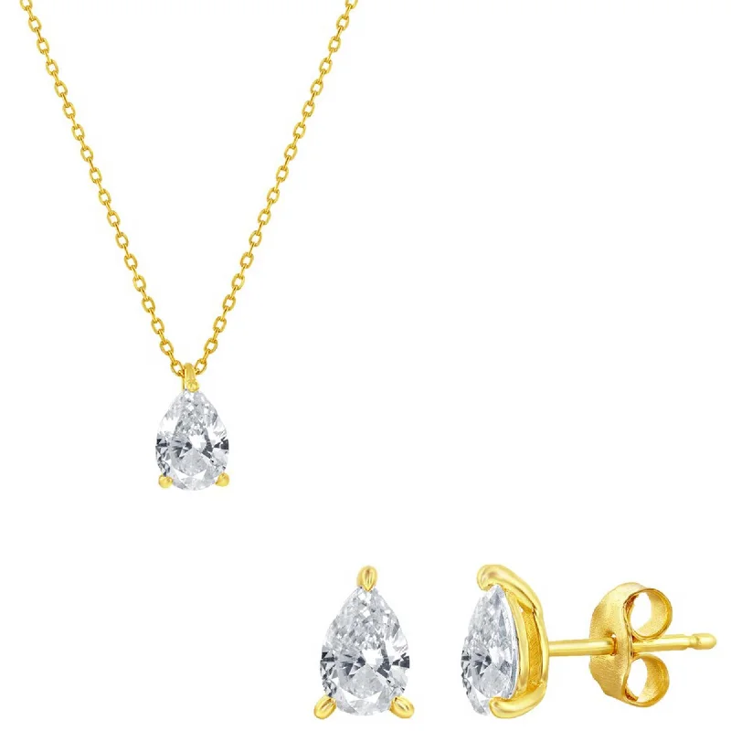 Women's necklaces shimmering-blush-Classic Women's Necklace and Earrings Set - Gold Solitaire Pearshape CZ | SET-614