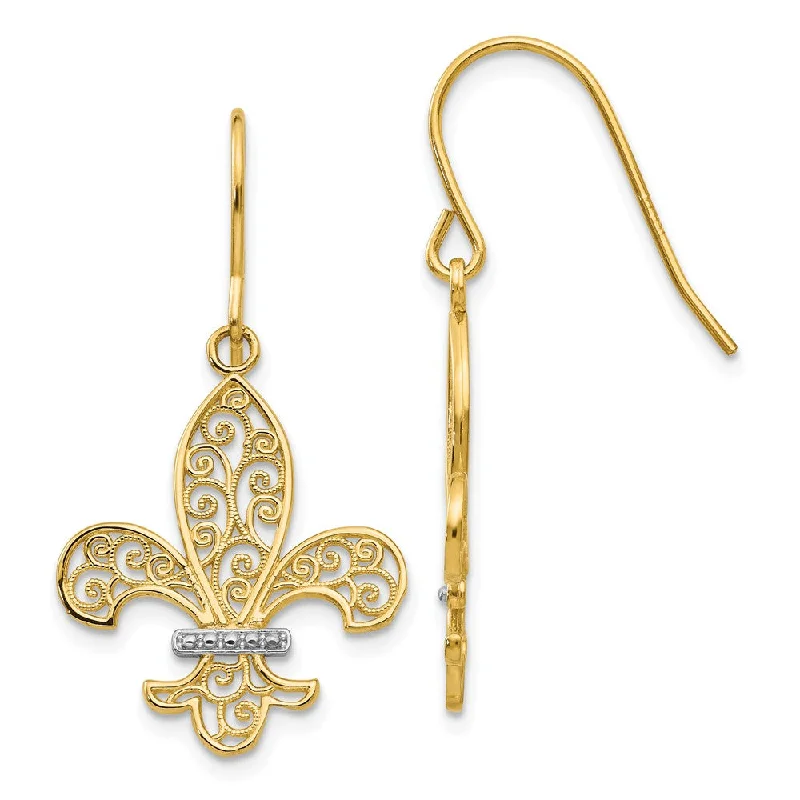 Women's earrings rustic-platinum-Two Tone Fleur De Lis Filigree Dangle Earrings in 14k Gold