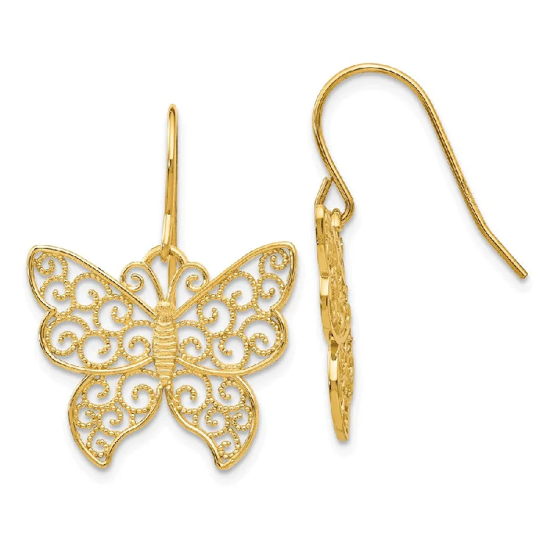 Women's earrings tender-accent-20mm Textured Filigree Butterfly Dangle Earrings in 14k Yellow Gold