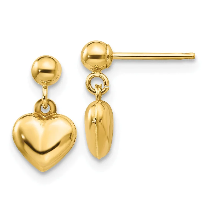 Women's earrings floral-steel-Kids Puffed Heart Dangle Post Earrings in 14k Yellow Gold