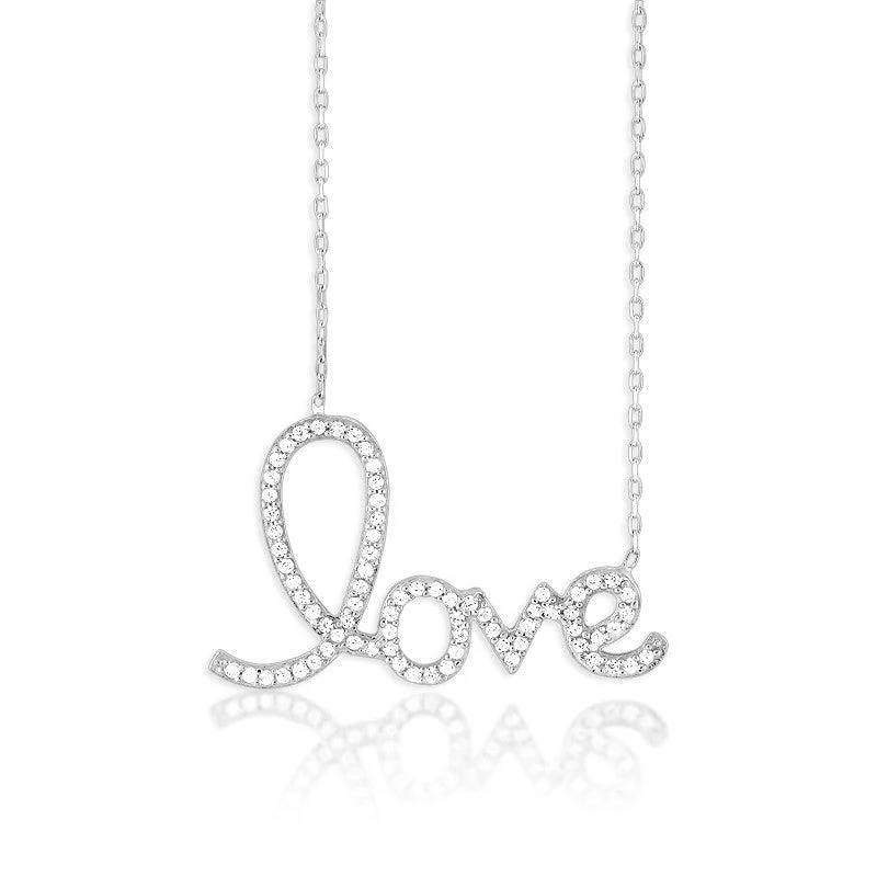 Women's necklaces festive-shimmer-Sterling Silver Large CZ LOVE Script Necklace