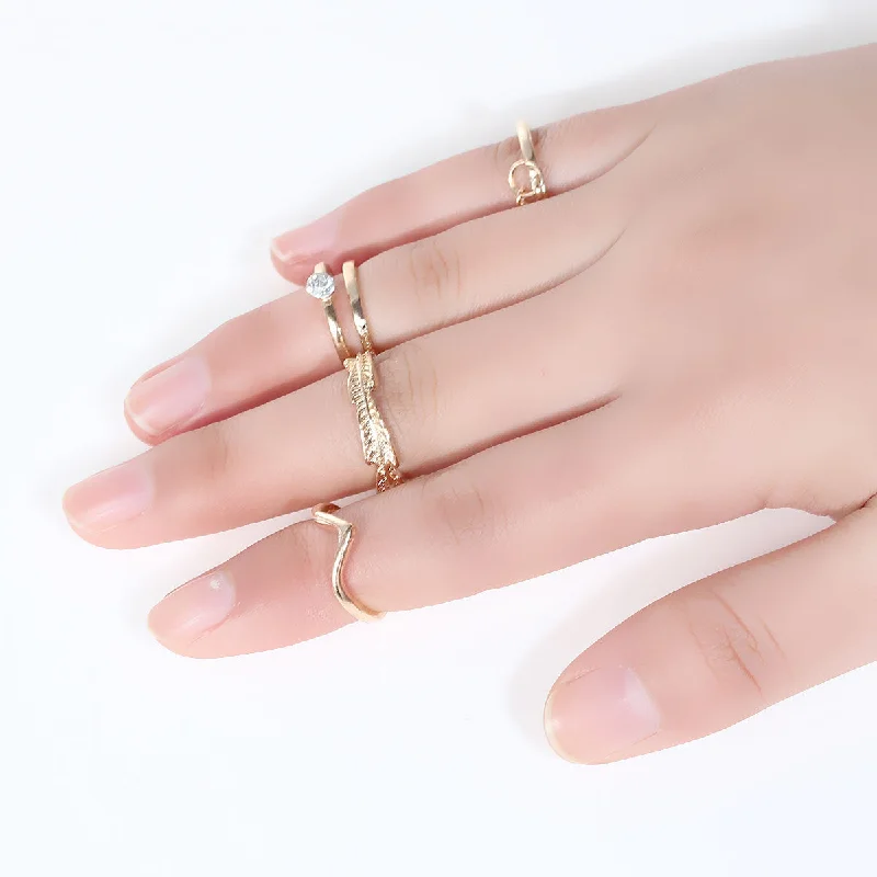 Women's rings modern-vine-Sexy Sparkles Nonadjustable Women's Band Knuckle Midi Rings Gold Tone Leaf Pattern Clear Rhinestone