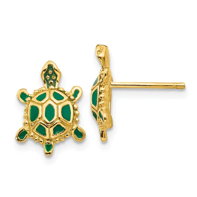 Women's earrings open-hoop-Small Green Enameled Turtle Post Earrings in 14k Yellow Gold