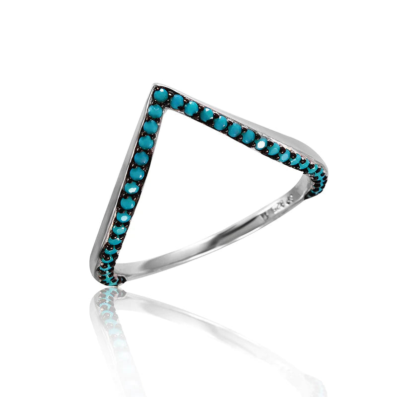 Women's rings vivid-swirl-Silver 925 Rhodium Plated V Ring with Turquoise Stones