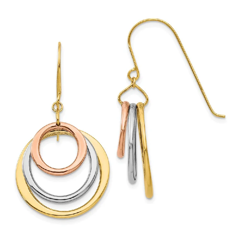 Women's earrings sleek-citrine-Tri-color Triple Circle Dangle Earrings in 14k Gold