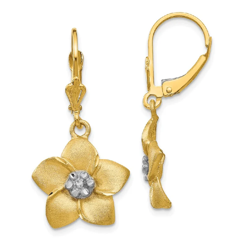 Women's earrings ornate-glow-Two Tone Flower Blossom Lever Back Earrings in 14k Gold