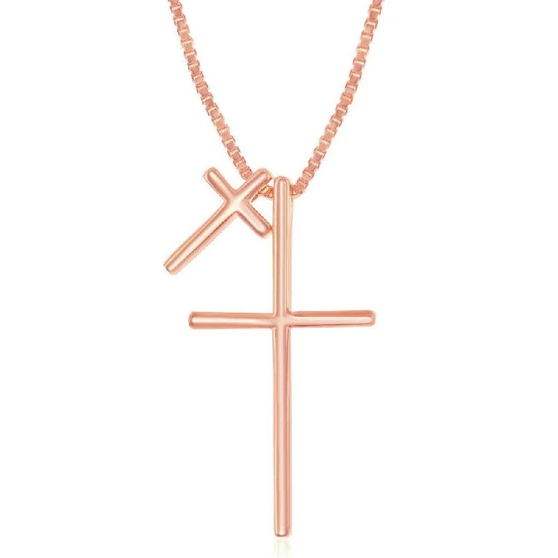 Women's necklaces floral-steel-Sterling Silver Rose Gold Plated Double Cross Necklace