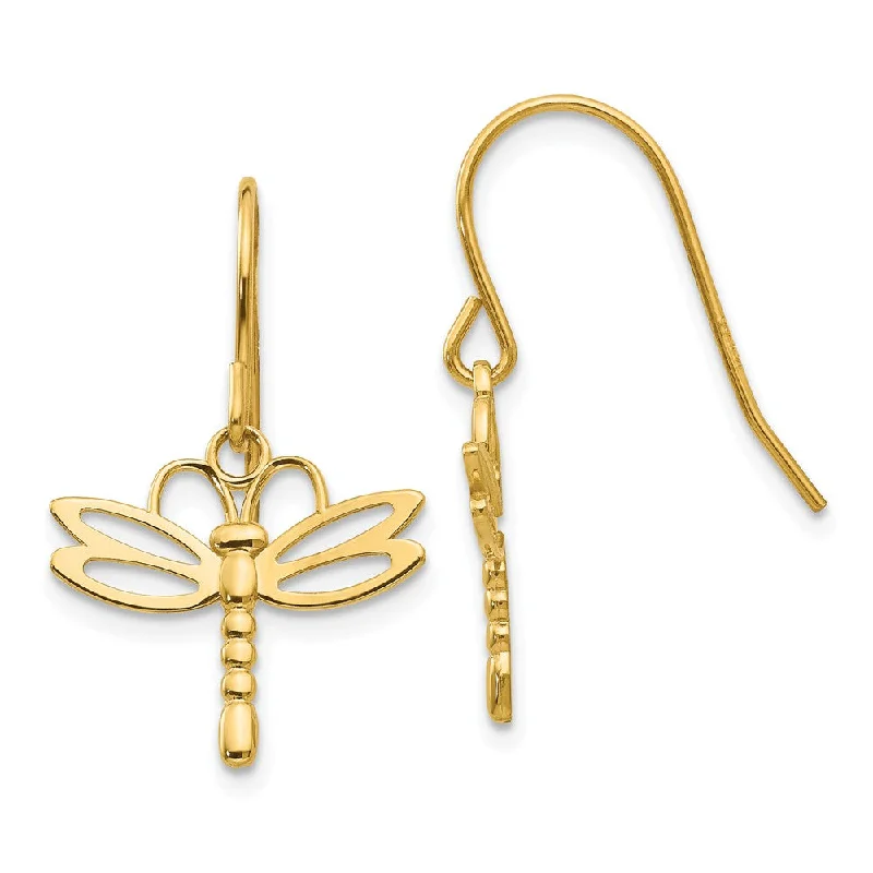 Women's earrings ornate-bar-Polished Dragonfly Dangle Earrings in 14k Yellow Gold