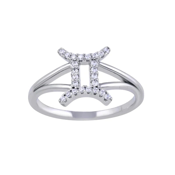 Women's rings twisted-vine-Sterling Silver 925 Rhodium Plated Gemini CZ Zodiac Sign Ring