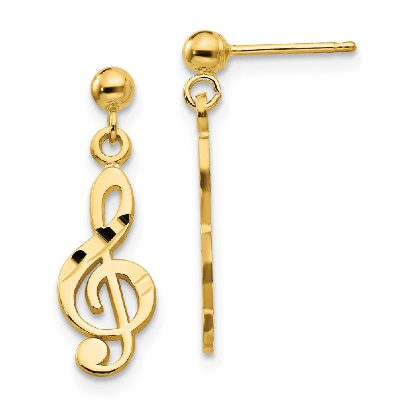 Women's earrings floral-platinum-Satin and Polished Treble Clef Dangle Post Earrings in 14k Yellow Gold