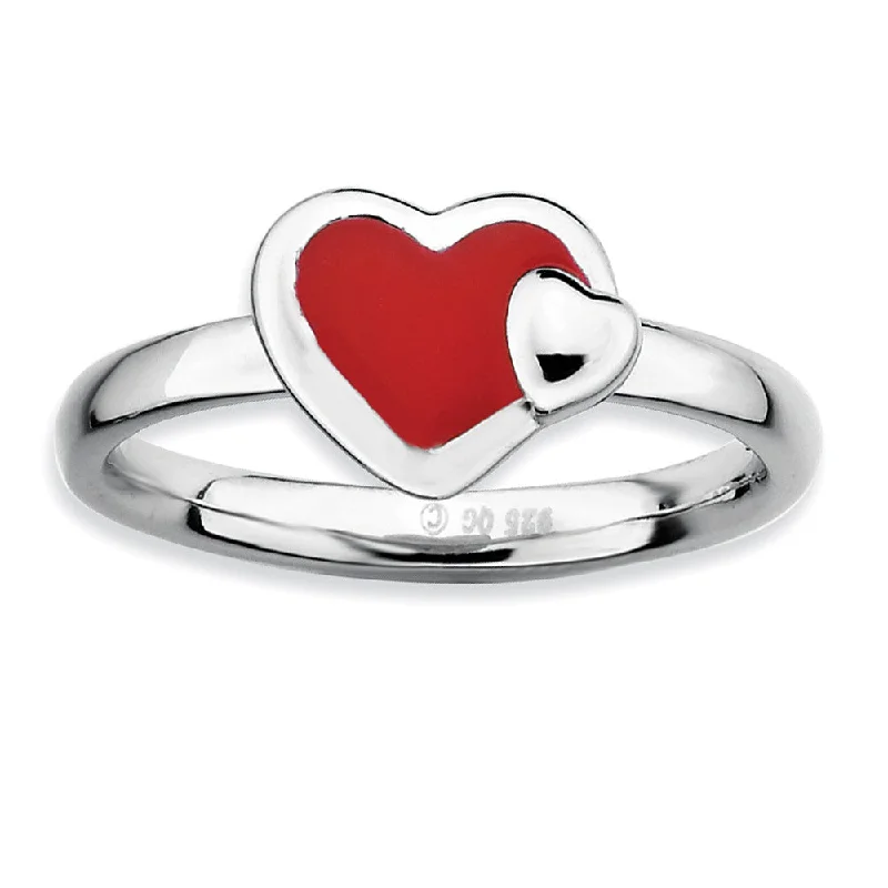 Women's rings floral-platinum-Sterling Silver Stackable Red Enameled Heart Ring