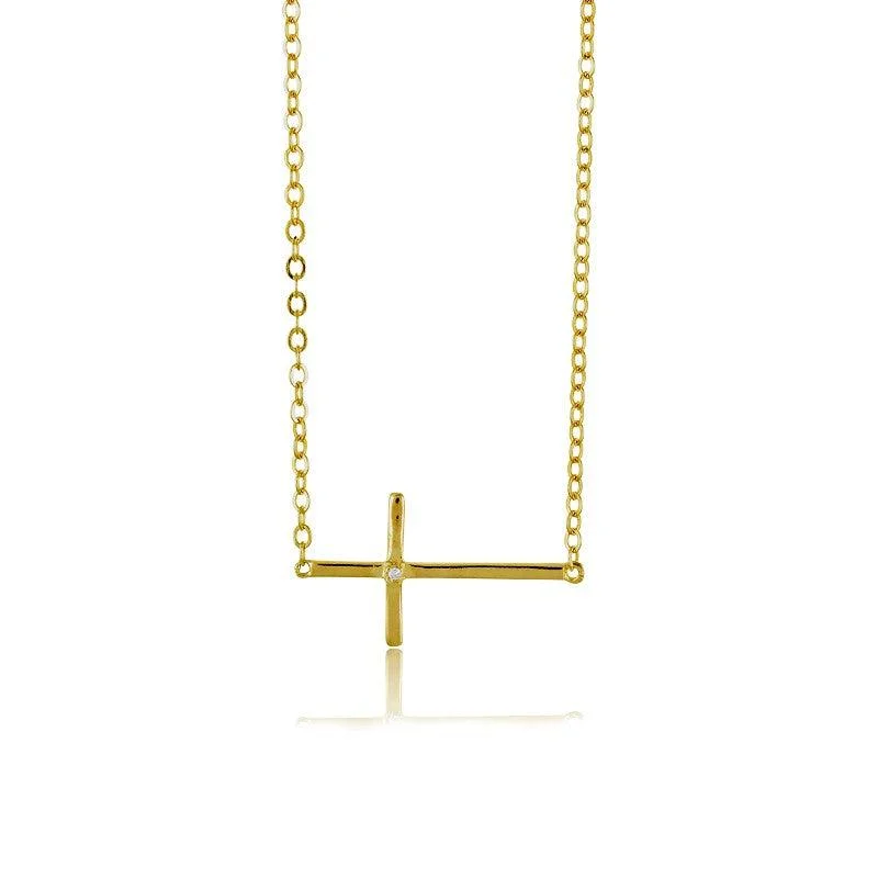 Women's necklaces wispy-elegance-Sterling Silver Gold Sideways Cross CZ Necklace